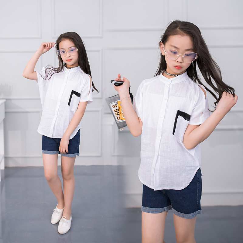 Children's clothing girls' short sleeve cotton shirt middle school students' batshirt students' shirt 130-170