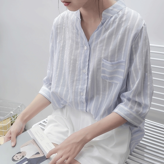 條紋短袖襯衫女裝2023夏季新款大碼韓版寬鬆上衣百搭夏天襯衣女潮