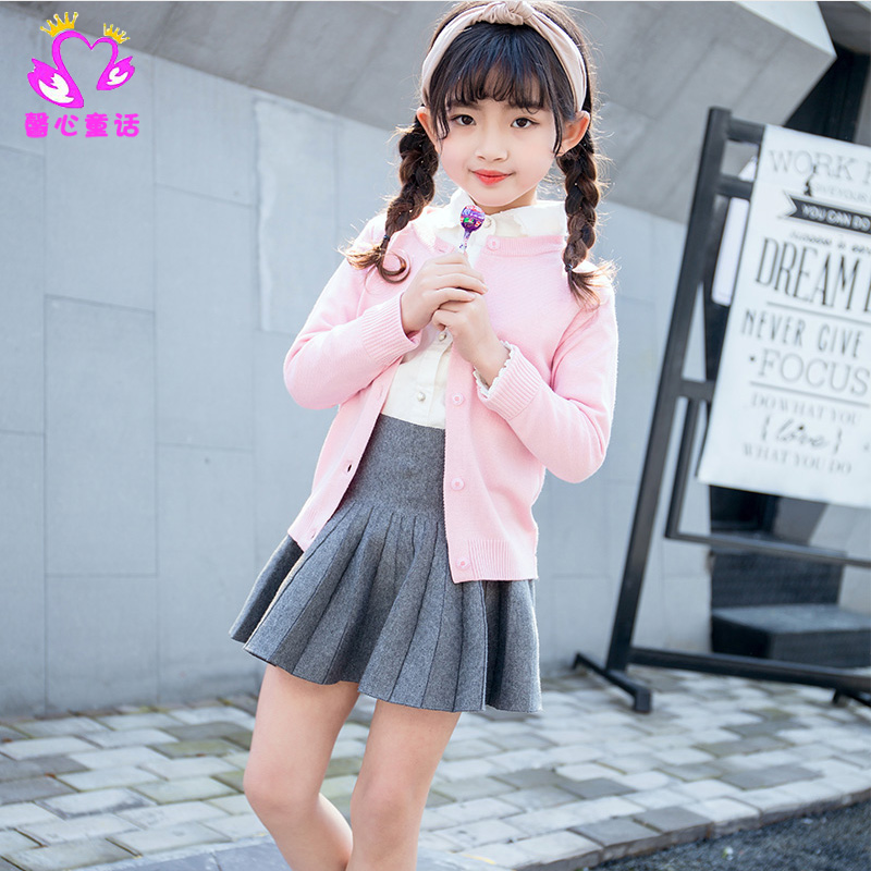 Girls' spring knitted cardigan children's air conditioning shirt big children's sunscreen coat girl's one button coat blouse